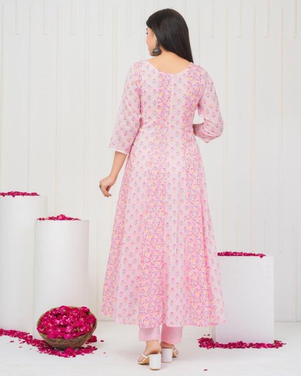 Floral Printed Mirror Work, Pure Cotton Anarkali Kurta & Printed Trousers