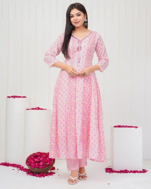 Floral Printed Mirror Work, Pure Cotton Anarkali Kurta & Printed Trousers