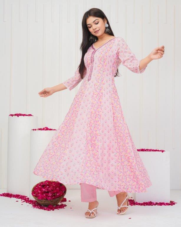 Floral Printed Mirror Work, Pure Cotton Anarkali Kurta & Printed Trousers