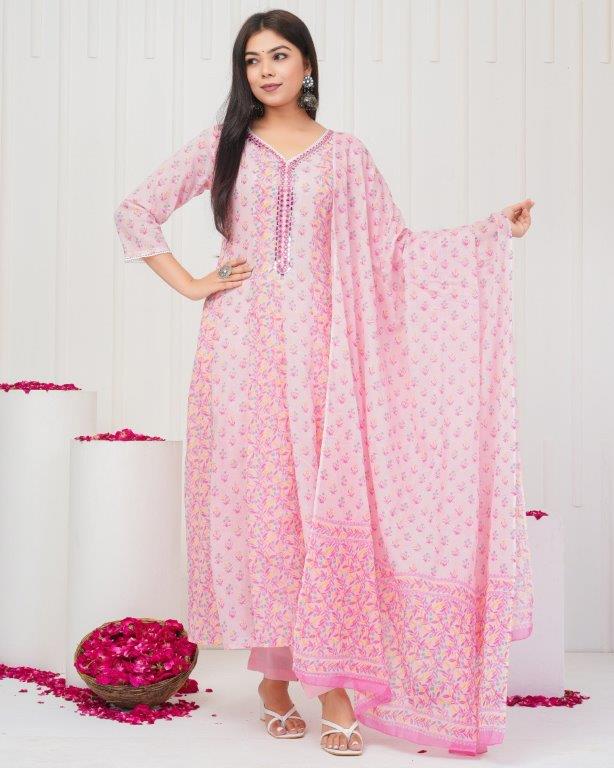 Floral Printed Mirror Work, Pure Cotton Anarkali Kurta & Printed Trousers with Printed Dupatta