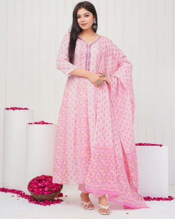 Floral Printed Mirror Work, Pure Cotton Anarkali Kurta & Printed Trousers with Printed Dupatta