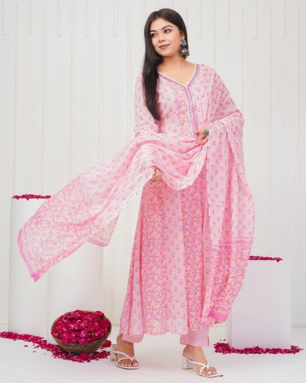 Floral Printed Mirror Work, Pure Cotton Anarkali Kurta & Printed Trousers with Printed Dupatta