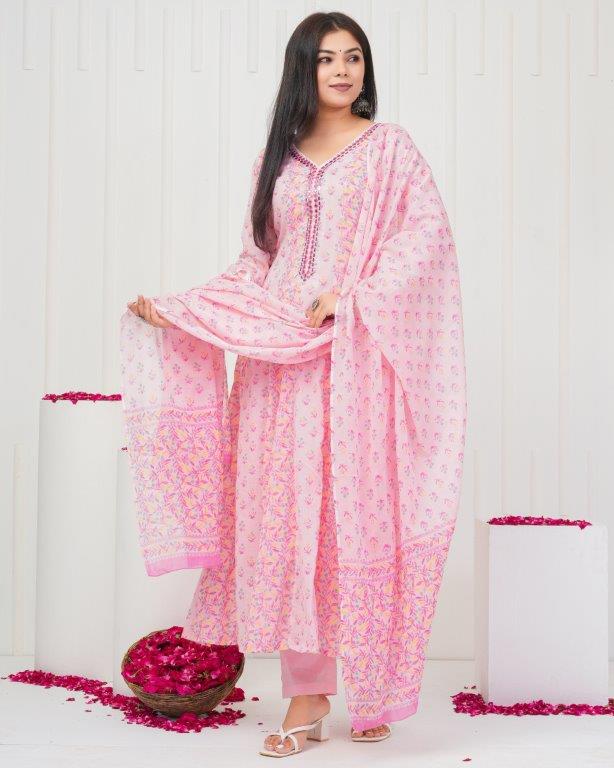 Floral Printed Mirror Work, Pure Cotton Anarkali Kurta & Printed Trousers with Printed Dupatta