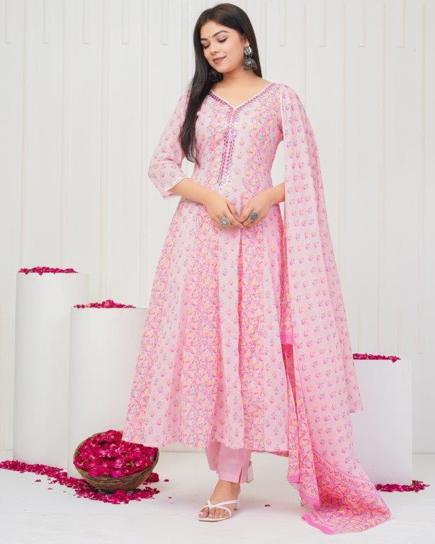 Floral Printed Mirror Work, Pure Cotton Anarkali Kurta & Printed Trousers with Printed Dupatta