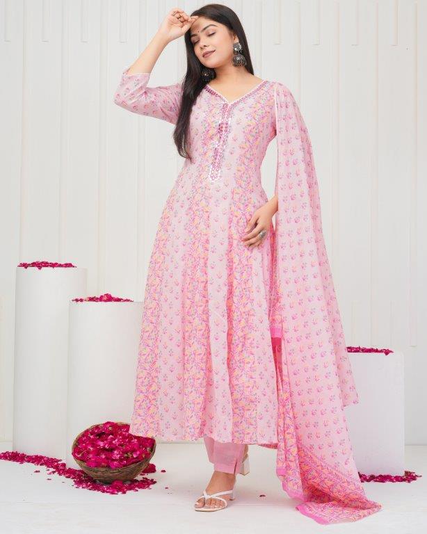 Floral Printed Mirror Work, Pure Cotton Anarkali Kurta & Printed Trousers with Printed Dupatta