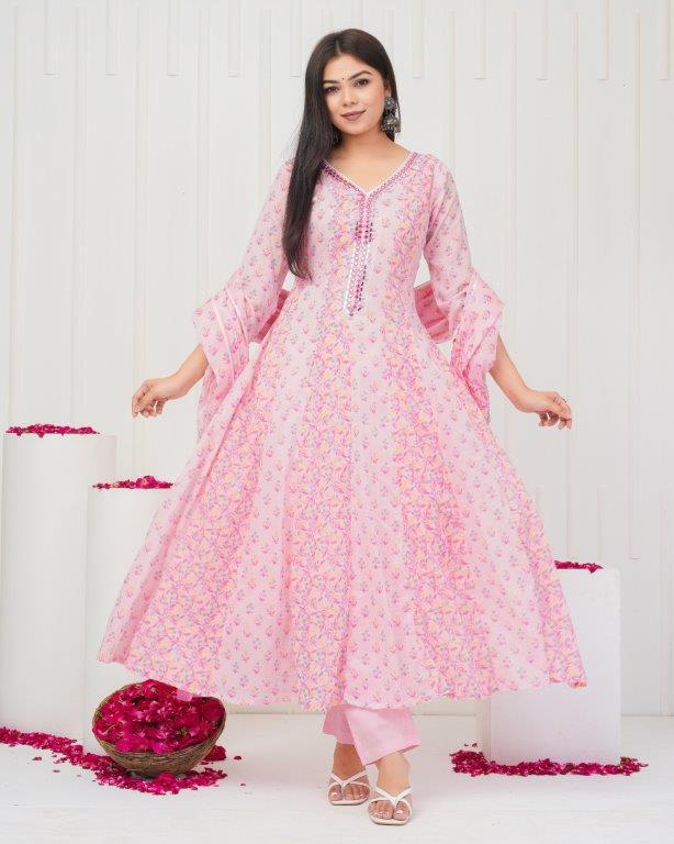 Floral Printed Mirror Work, Pure Cotton Anarkali Kurta & Printed Trousers