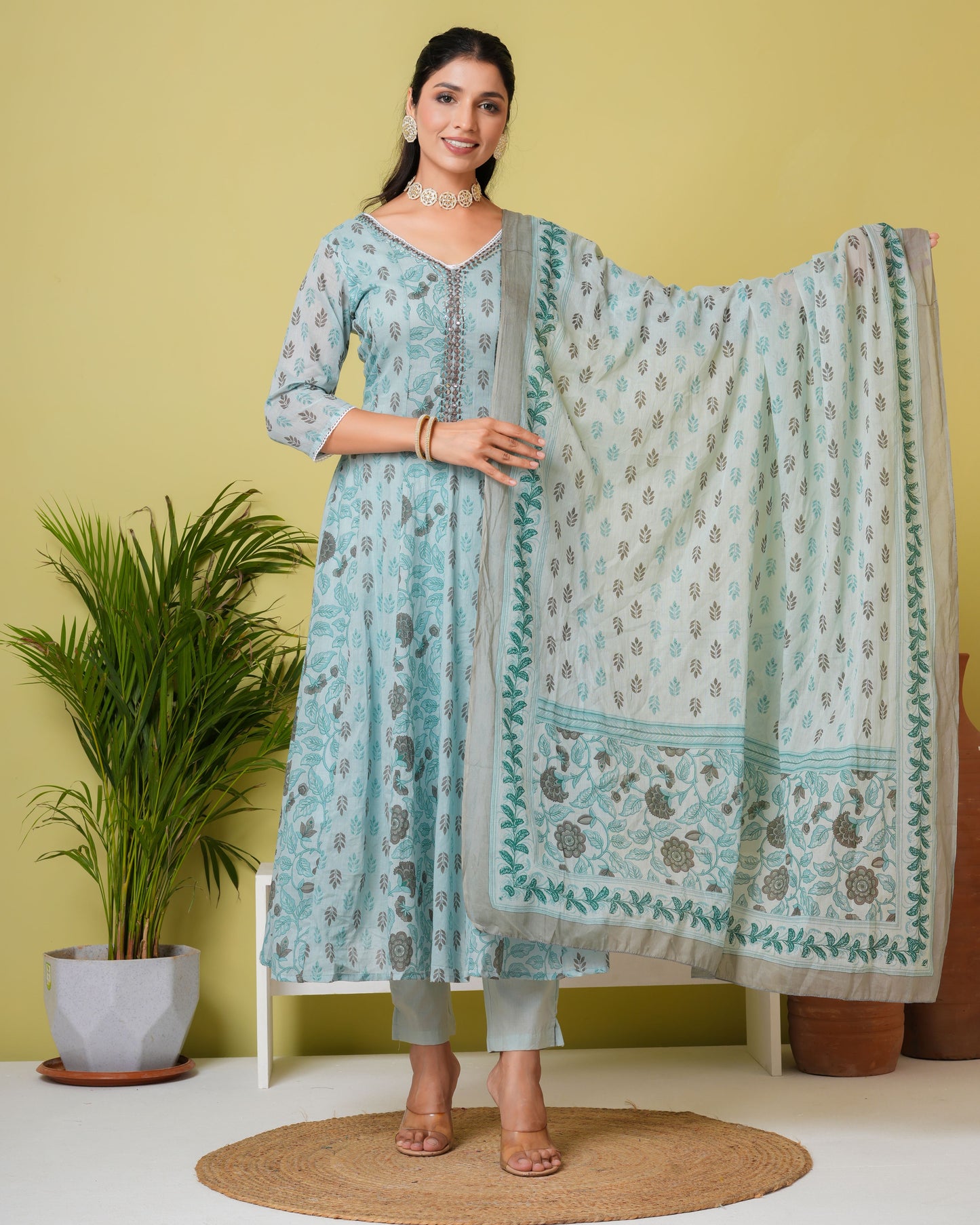 Floral Printed Pure Cotton Straight Kurta with Pant & Dupatta Set