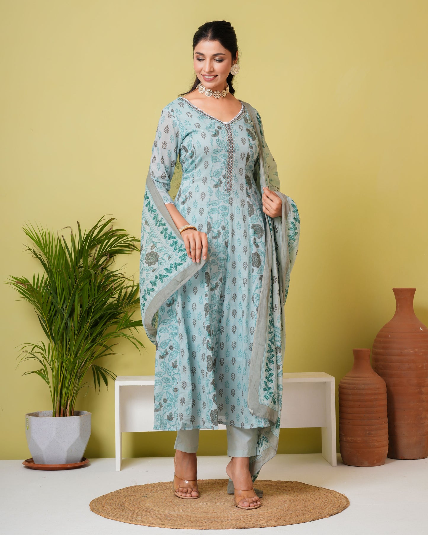 Floral Printed Pure Cotton Straight Kurta with Pant & Dupatta Set