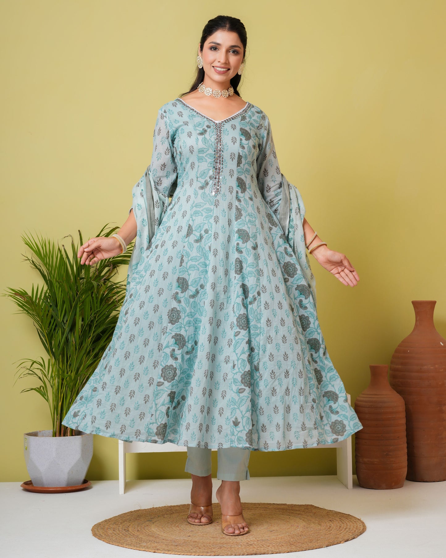 Floral Printed Pure Cotton Straight Kurta with Pant & Dupatta Set