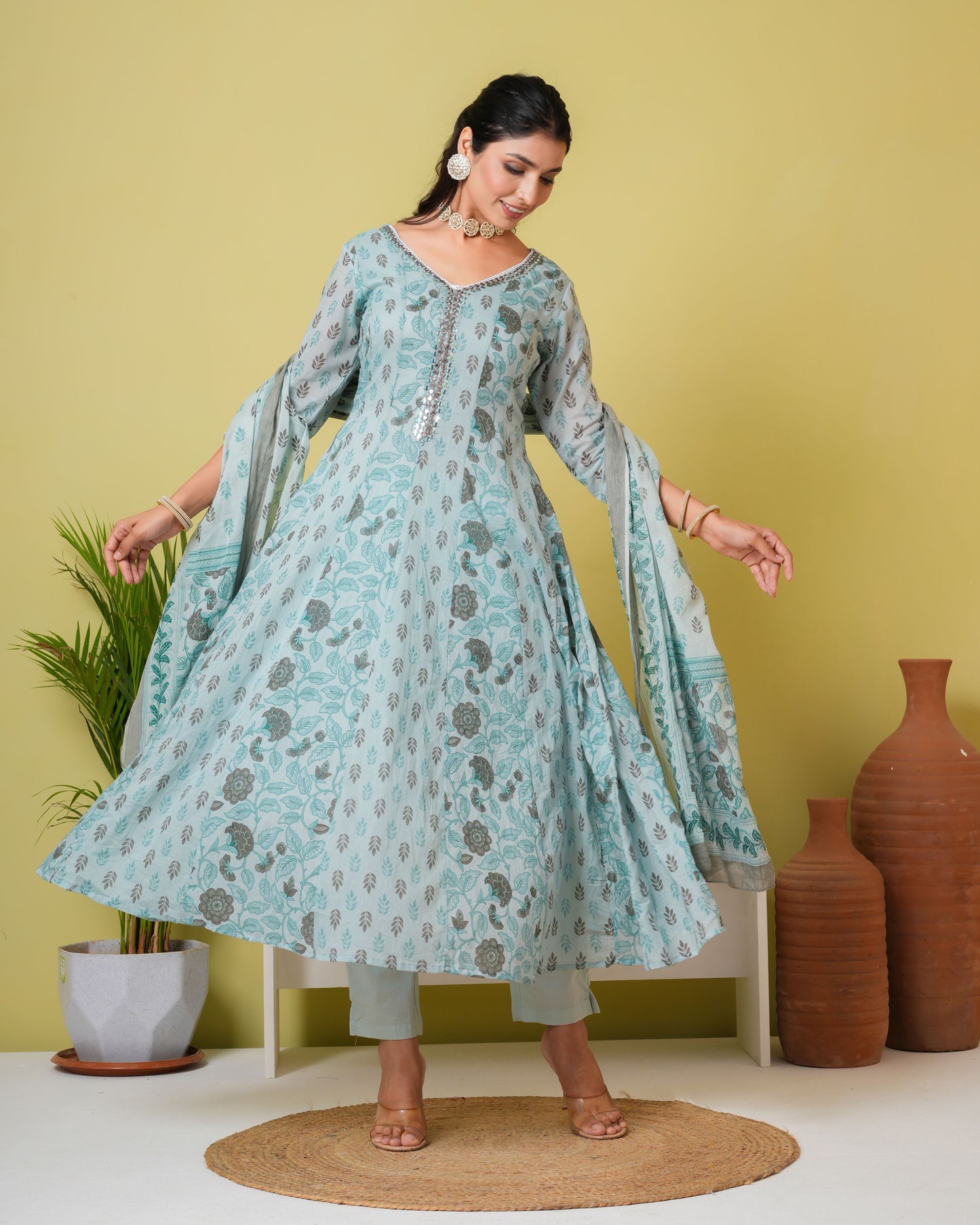 Floral Printed Pure Cotton Straight Kurta with Pant & Dupatta Set