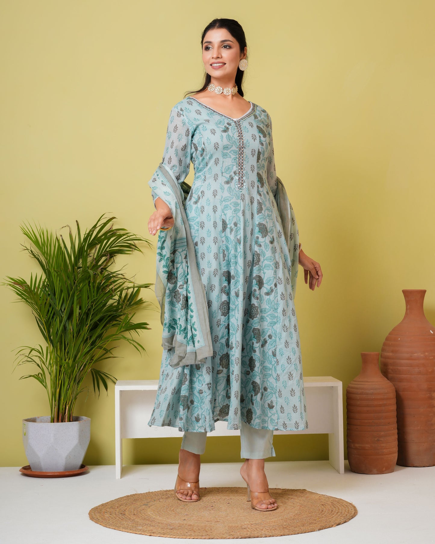 Floral Printed Pure Cotton Straight Kurta with Pant & Dupatta Set