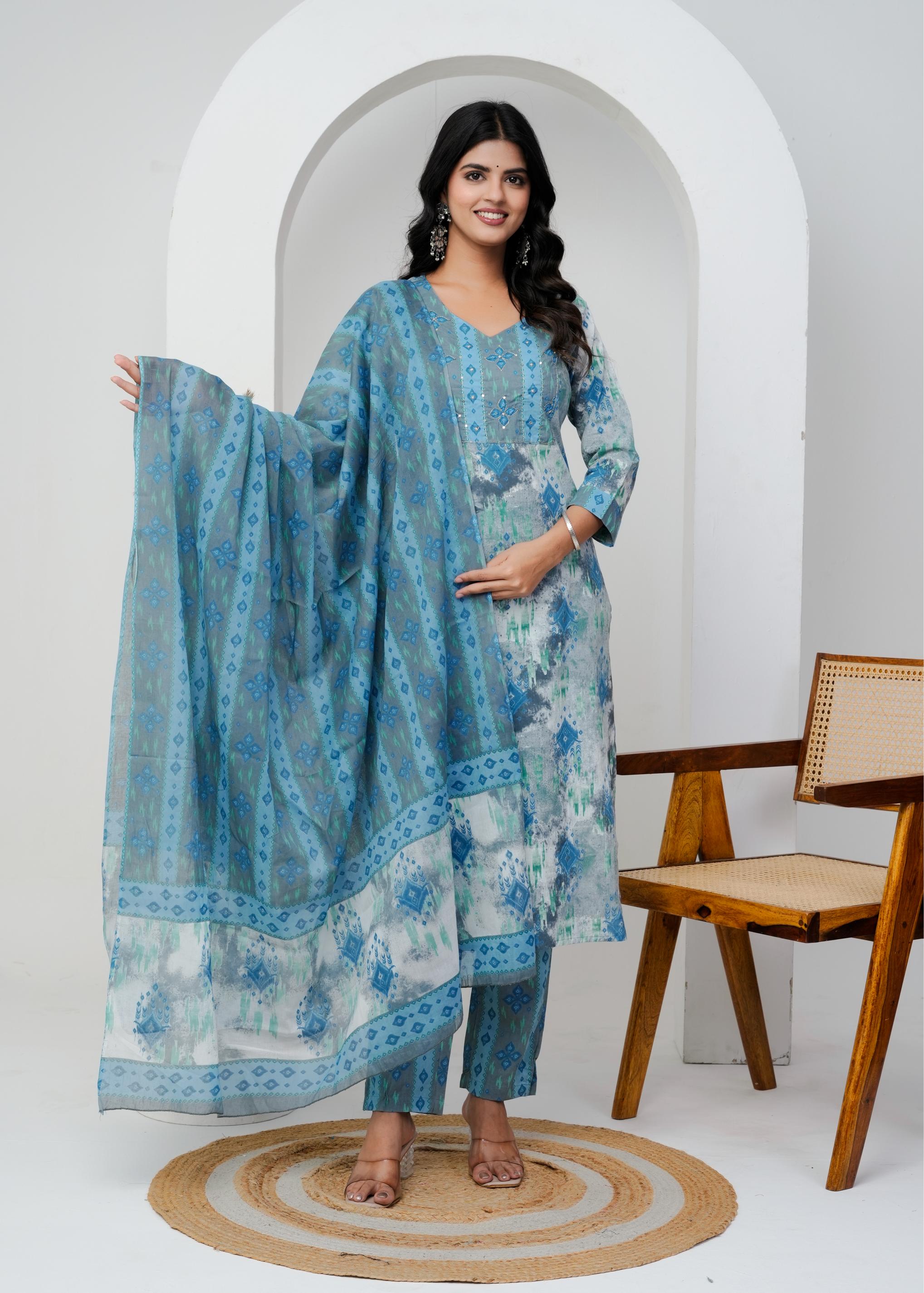Cotton Floral Printed Straight Kurta Set With Dupatta