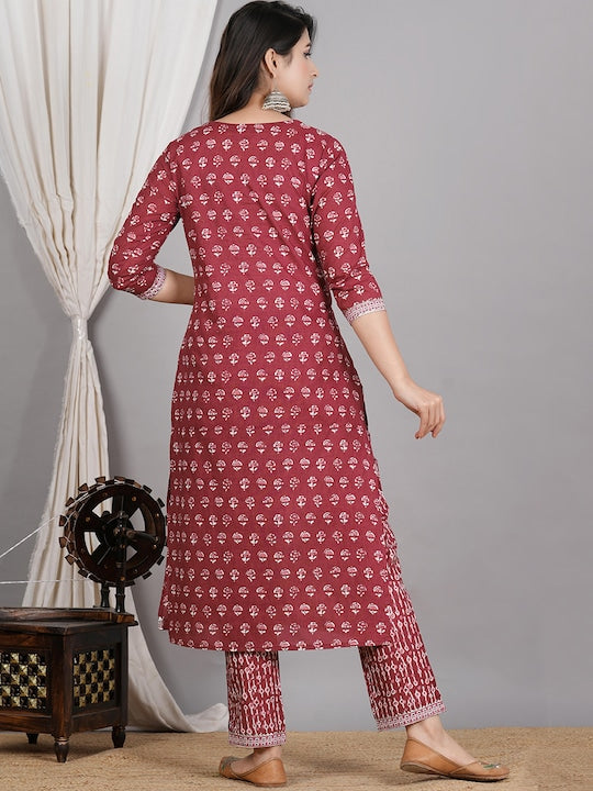 Ethnic Motifs Printed Gotta Patti Pure Cotton Straight Kurta & Trouser