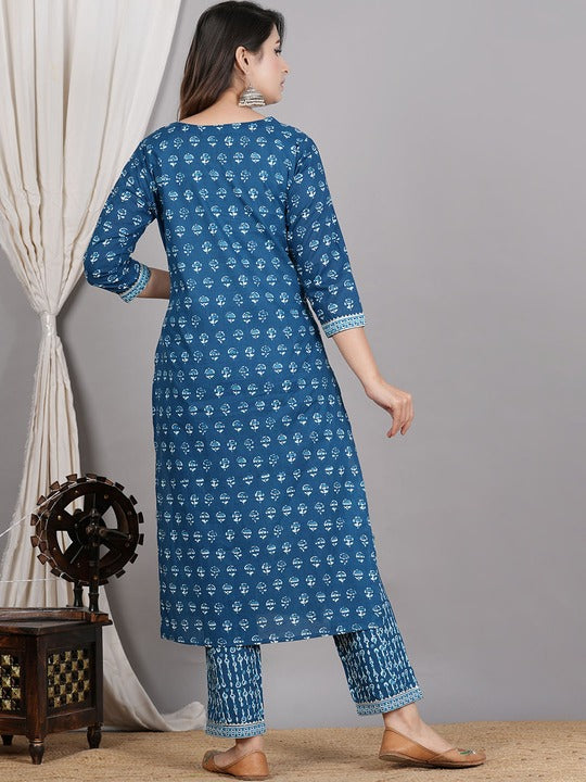 Ethnic Motifs Printed Pure Cotton Straight Kurta With Trousers & Dupatta