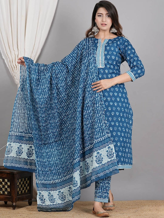 Ethnic Motifs Printed Pure Cotton Straight Kurta With Trousers & Dupatta