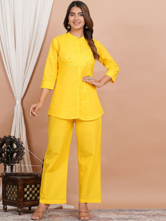 Yoke Embellished Pure Cotton Shirt With Trouser Co-Ords