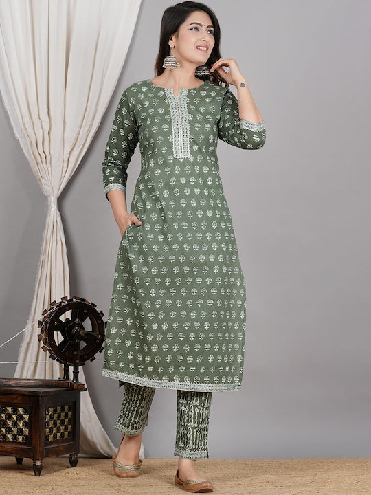 Women Floral Printed Regular Pure Cotton Kurta With Trousers