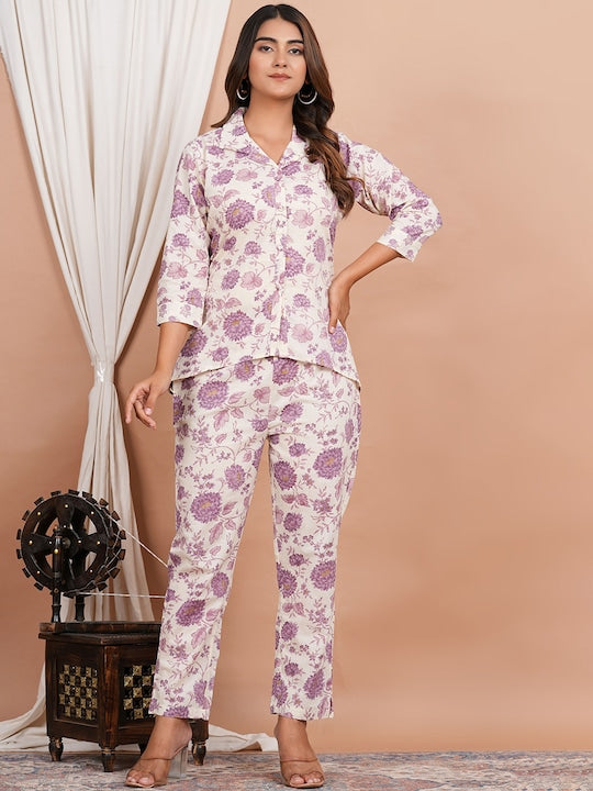 Floral Printed Pure Cotton Shirt With Trousers