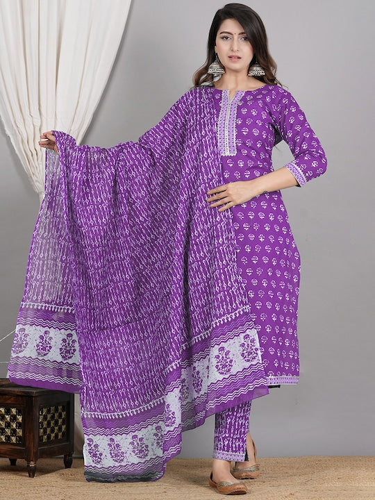 Ethnic Motifs Printed Gotta Patti Pure Cotton Straight Kurta & Trouser With Dupatta