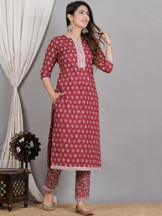 Ethnic Motifs Printed Gotta Patti Pure Cotton Straight Kurta & Trouser